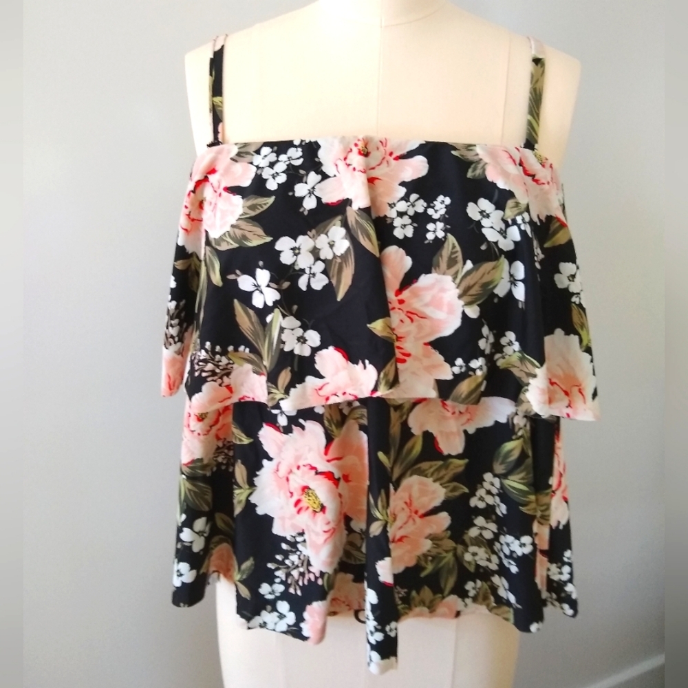 Tropical Kona Sol Black and Coral Pink Floral Ruffled Camisole Tankini Swim Top
